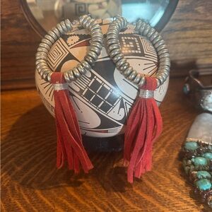 Silver Coil Earrings with Red Leather Tassels